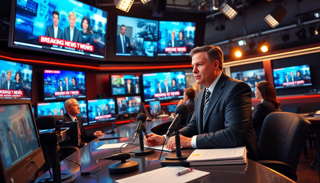 Capture the essence of news reporting with a bustling newsroom atmosphere.