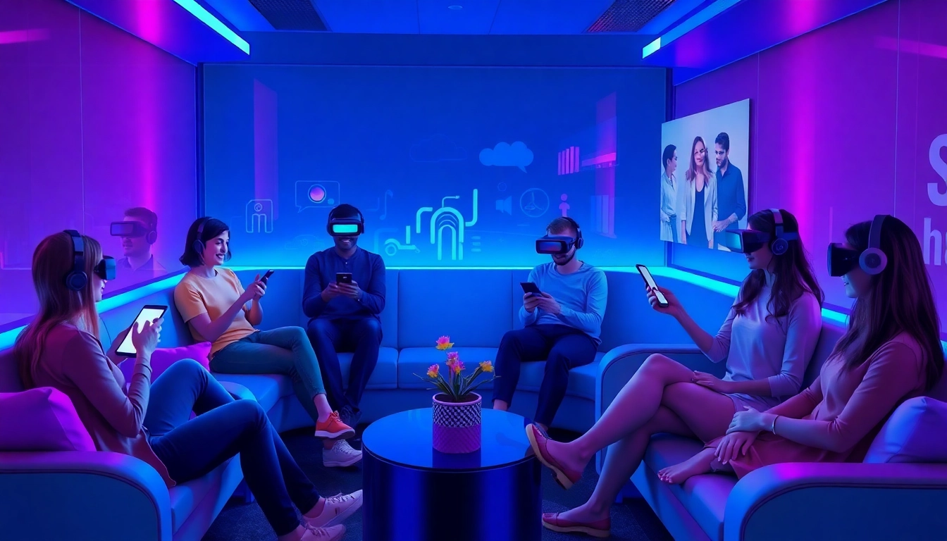Engaged individuals exploring sex ai chat with friendly AI chatbots in a cozy digital lounge.