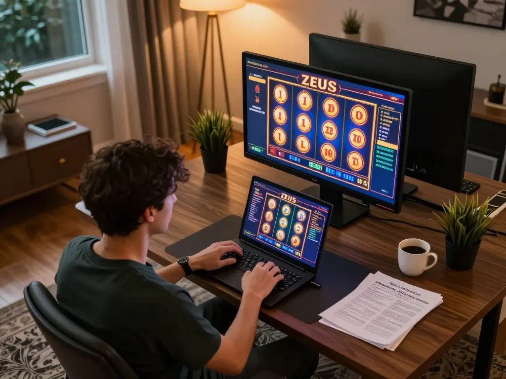 Pemain menikmati slot zeus di laptop dalam suasana rumah yang nyaman, dengan catatan strategi yang terlihat
