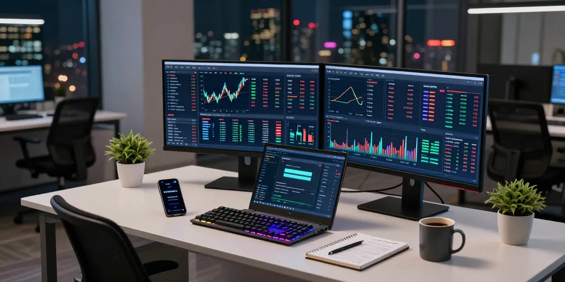 Professional workspace showcasing safe cloud mining service with cryptocurrency price charts, blockchain analytics, and modern tech setup.
