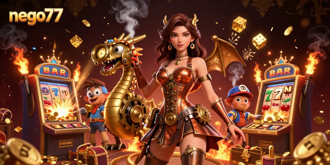 Play and win with nego77 in a vibrant 3D casino scene showcasing exciting slot machines and characters.