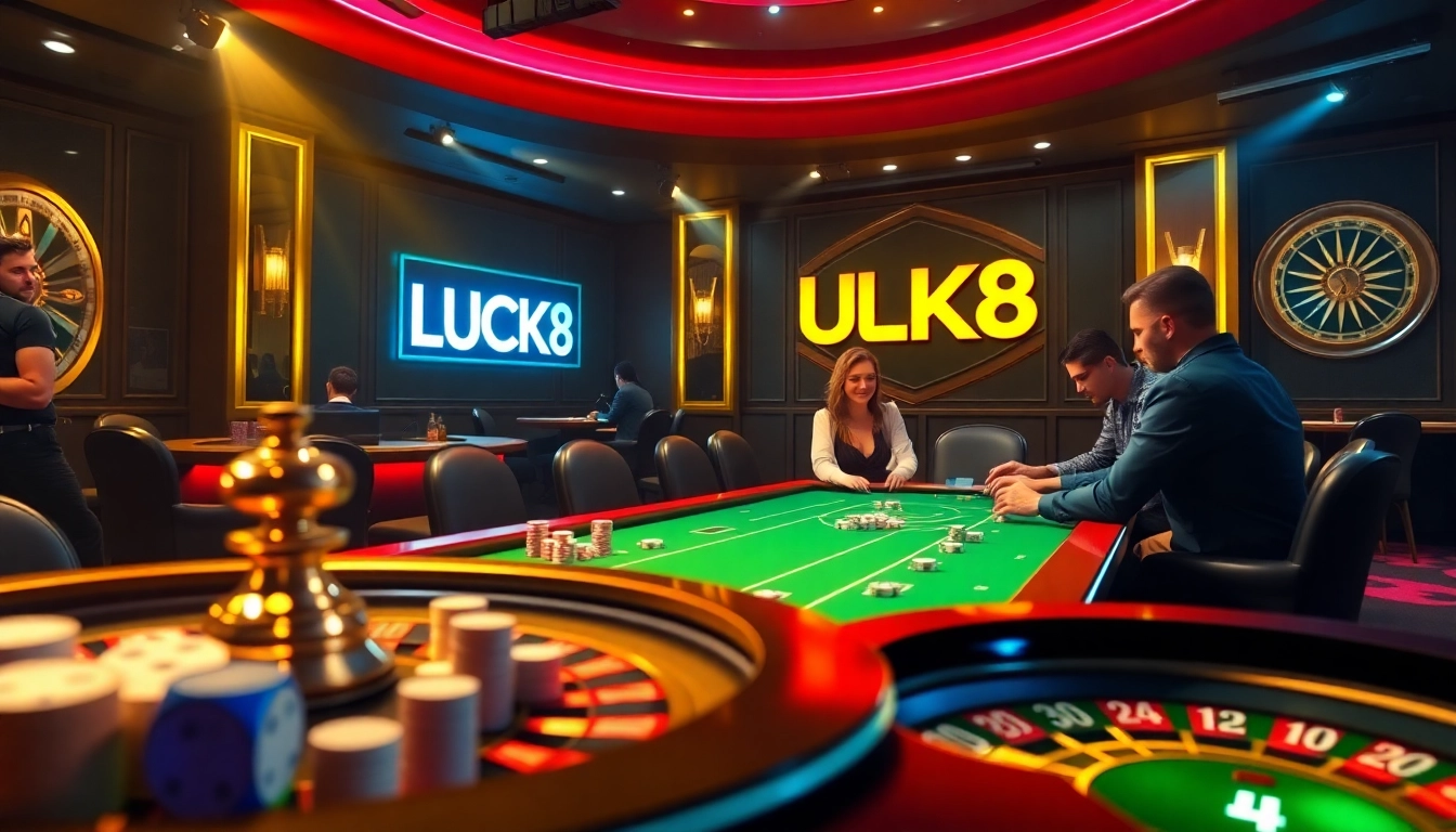 LUCK8 players immersed in an exciting poker game at a vibrant casino table.