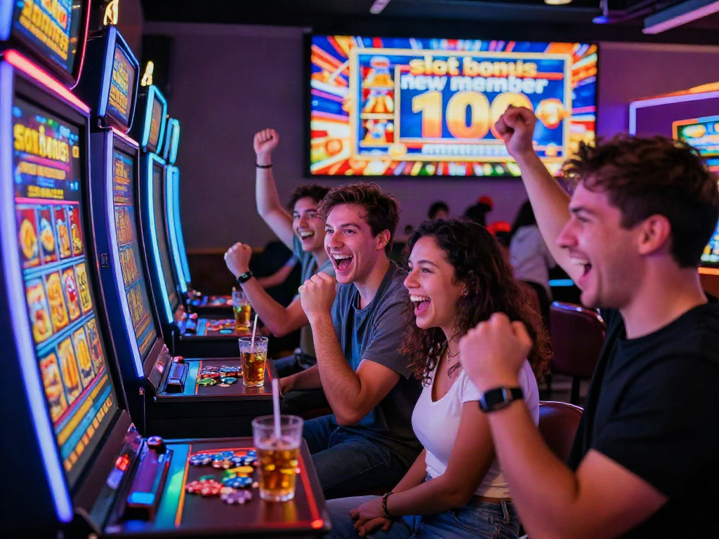 Exciting gaming scene featuring friends enjoying their experience with slot bonus new member 100 in a vibrant casino.