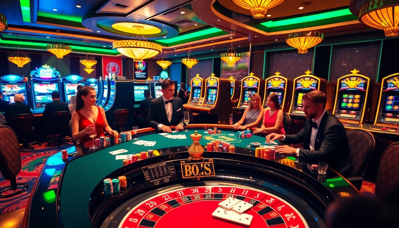 Découvrez l'excitation du casino en ligne avec des joueurs profitant d'une configuration luxueuse de roulette et de poker.