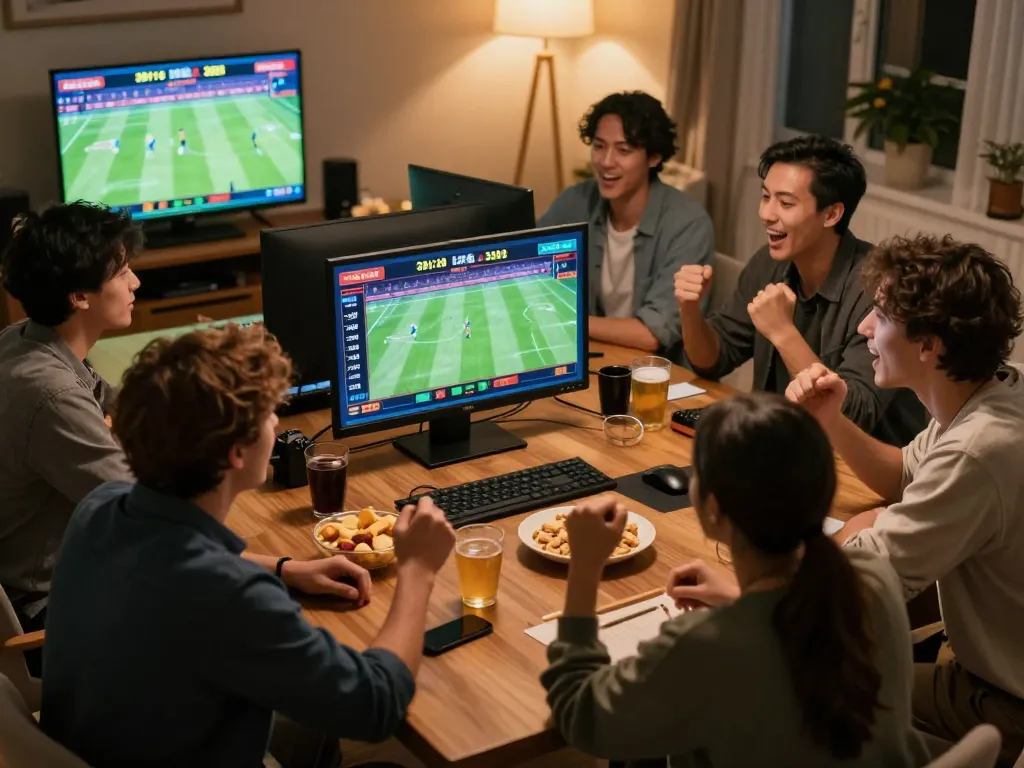 Friends enjoying live sports betting at home on BK8 platform with exciting matches on multiple screens.