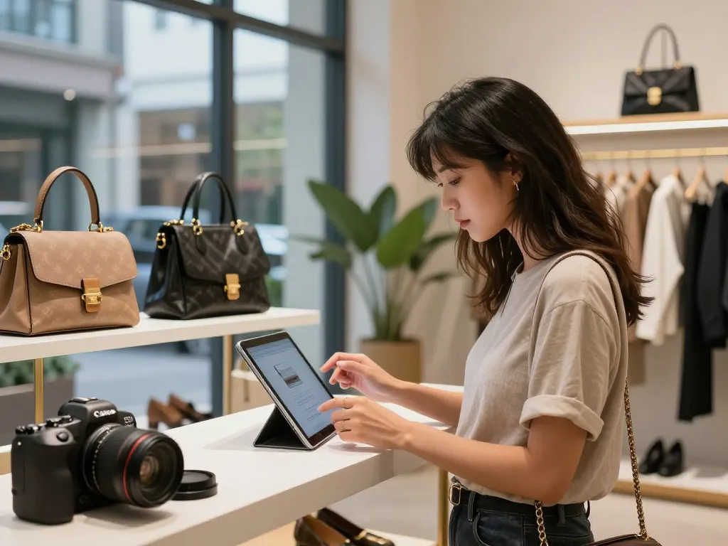 Browsing luxury 레플리카 products in a stylish e-commerce setting with elegant displays.
