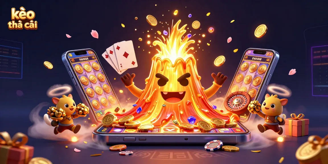 Exciting kèo nhà cái illustration showcasing a golden volcano erupting with treasures amidst dynamic gaming elements.