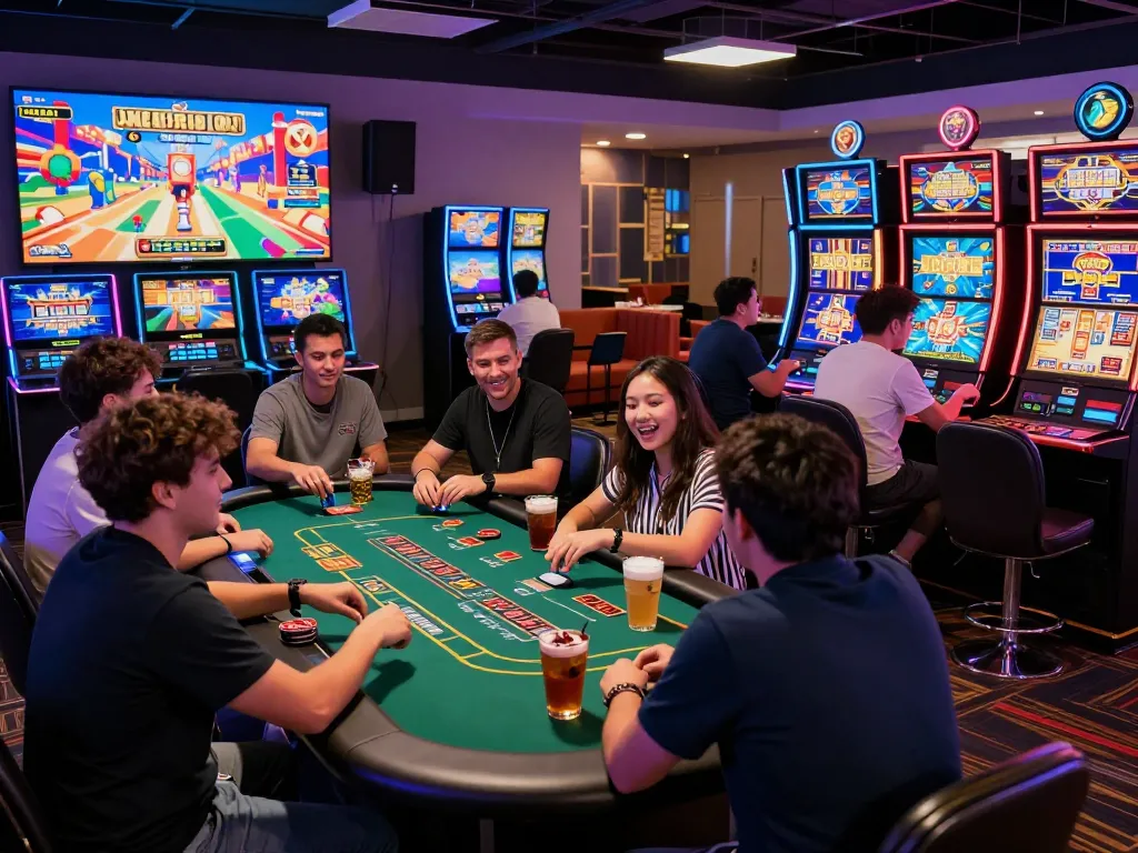 Exciting online gaming scene at ligasedayu with players at slot machines and blackjack tables in a vibrant casino atmosphere.