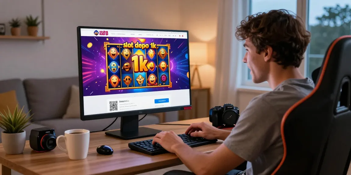 Excited gamer enjoying slot depo 1k games on a stylish laptop in a cozy living room.