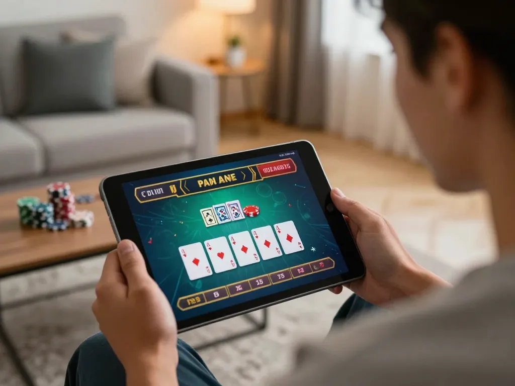 Engaging in an online casino game with Sun Win, showcasing poker cards and tablet action.