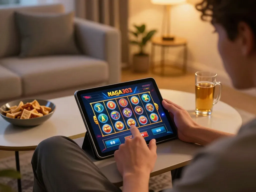 Engaging with the naga303 slot on a tablet in a cozy, strategic gaming setup at home.