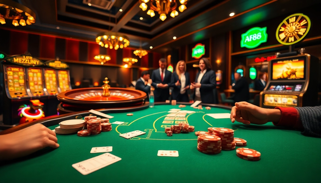 Players enjoying a vibrant poker game at AF88 casino, showcasing excitement and luxury.
