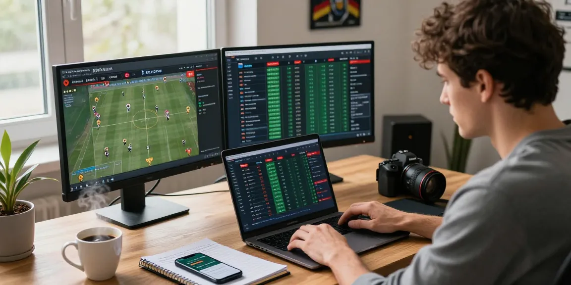 Focused bettor analyzing ty le keo odds at a modern home office with sports memorabilia.