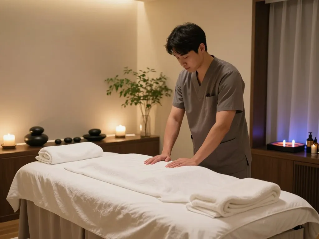 포항스웨디시 massage therapy room with calming ambiance, skilled therapist preparing for session.