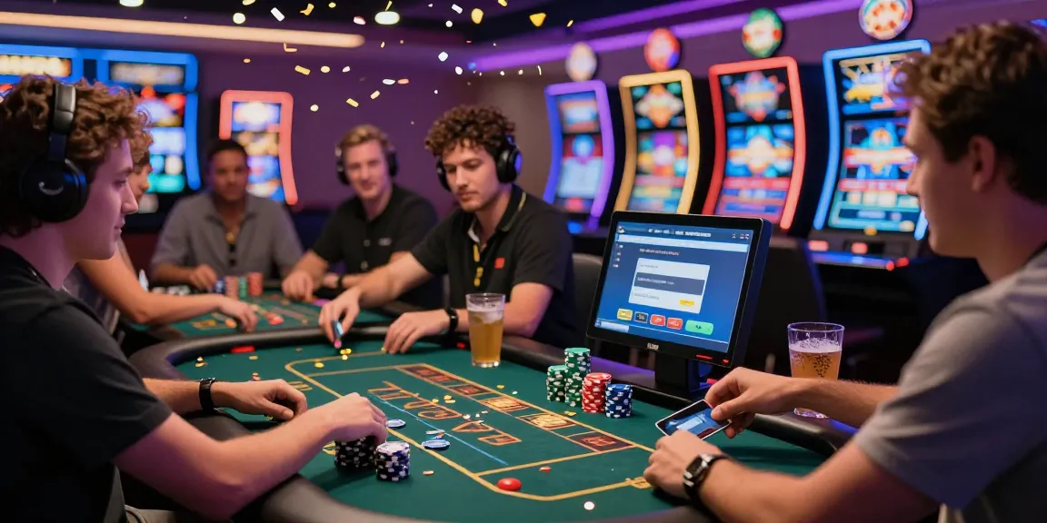 Players enjoying credit card casinos with vibrant games, colorful lights, and fast transactions.