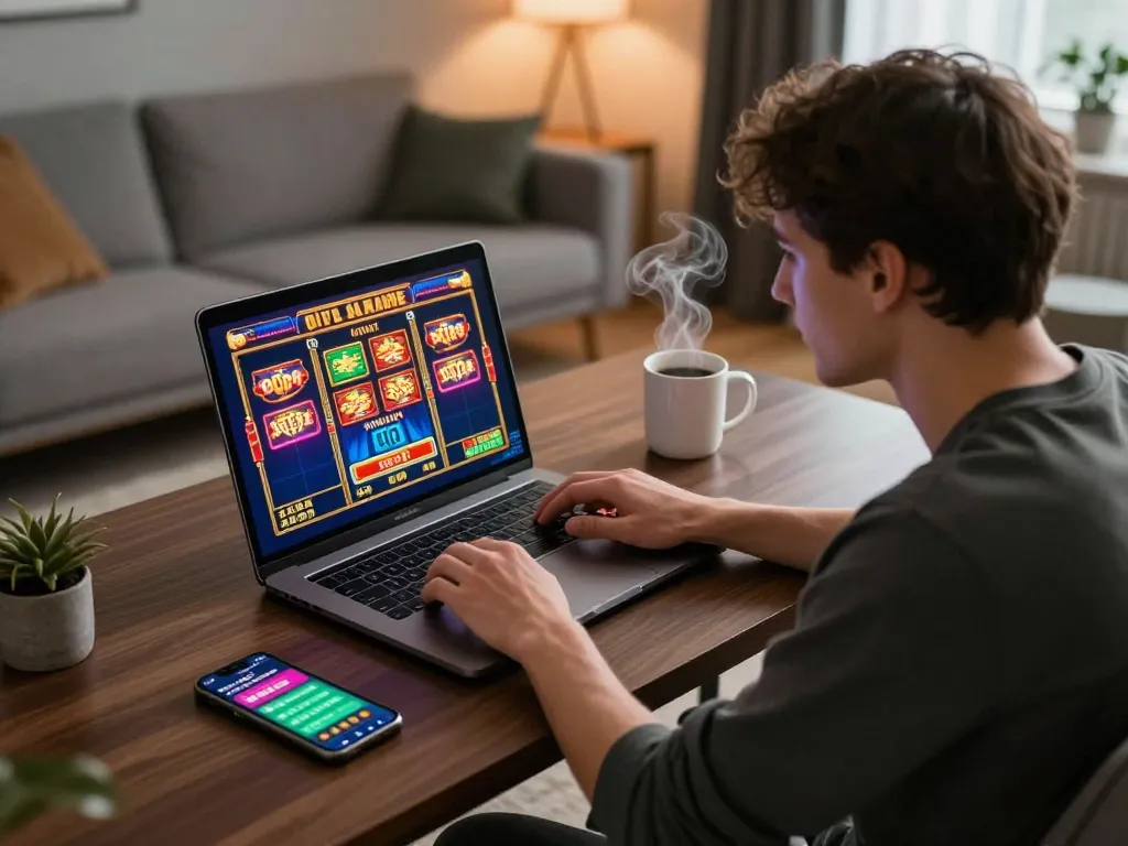Engaged player enjoying slot bet kecil online game on laptop in cozy environment.