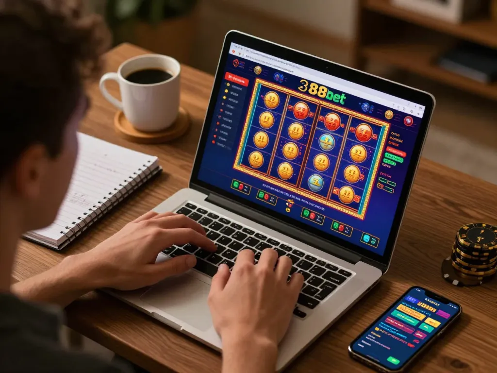 Engaged player strategizing with 388bet online casino interface on laptop, cozy home setting.
