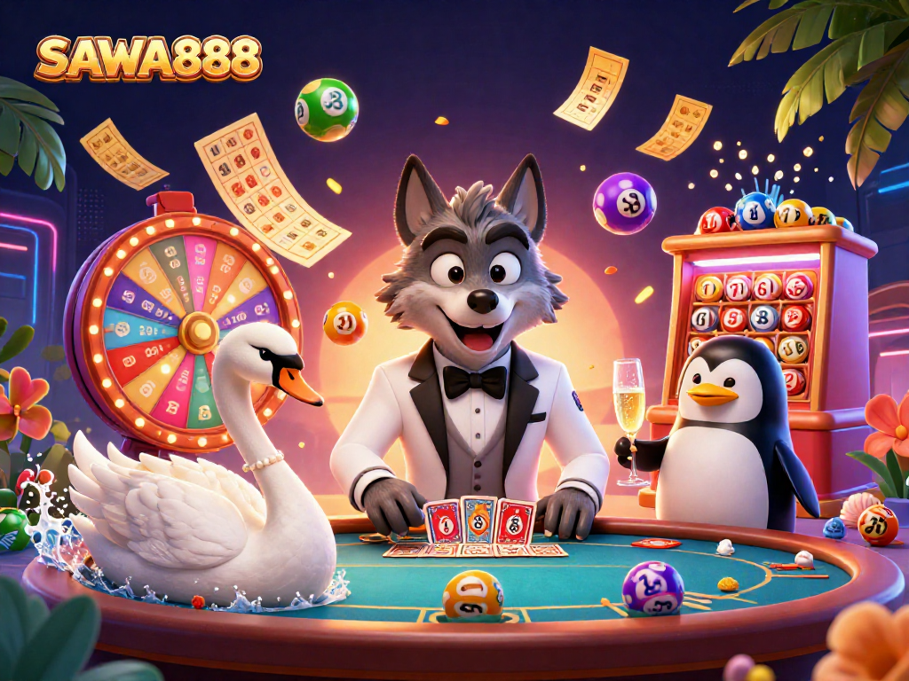 SAWA888 features a lively 3D casino scene with a debonair wolf, elegant swan, and sophisticated penguin amidst vibrant gaming elements.
