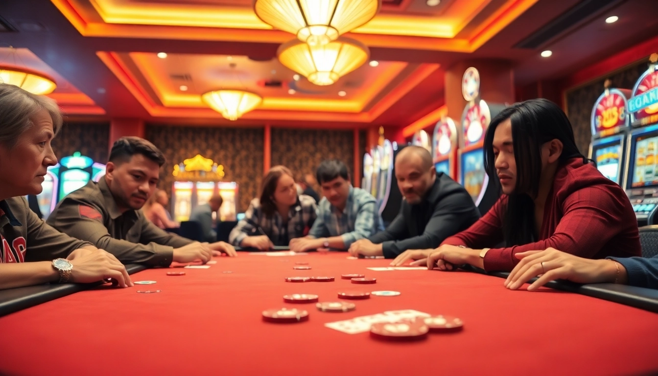 Permainan Poker menarik di Pakde4D dengan suasana kasino yang hidup dan penuh warna.