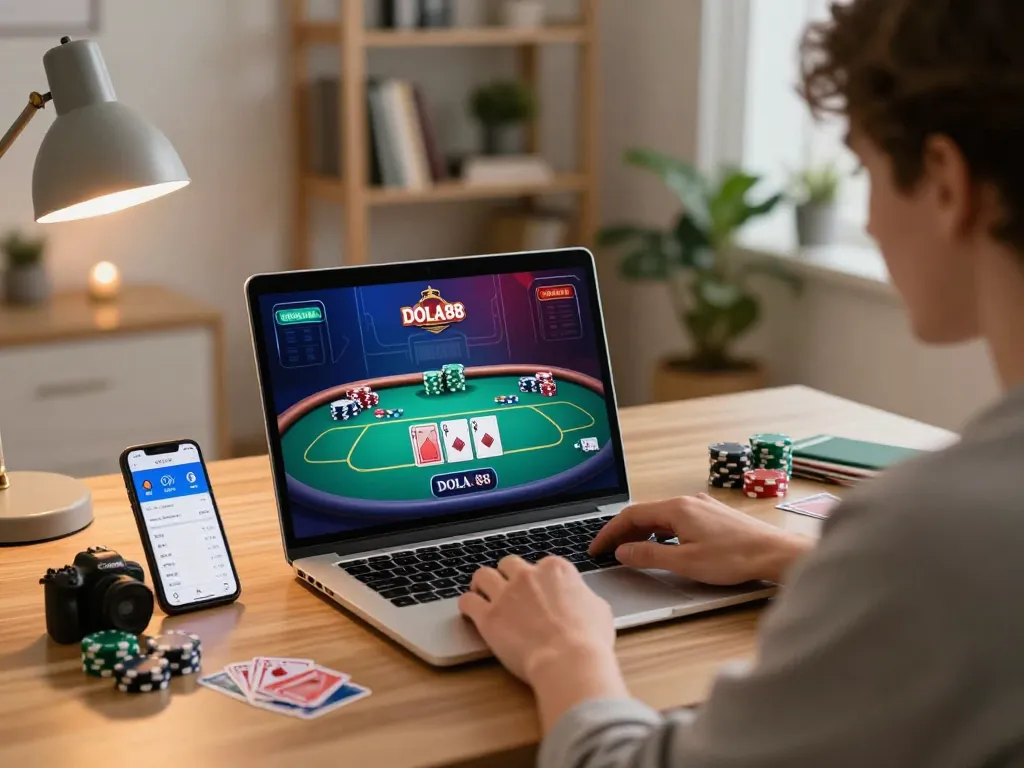 Experience online poker action at https://dola88vn.com/ with a focused player using a laptop, showcasing a vibrant poker interface.