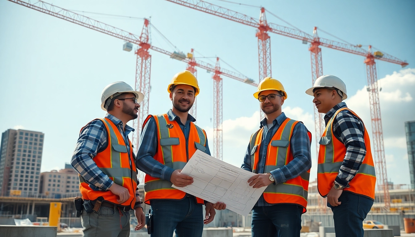 Construction association collaboration on a bustling project site with vibrant energy.