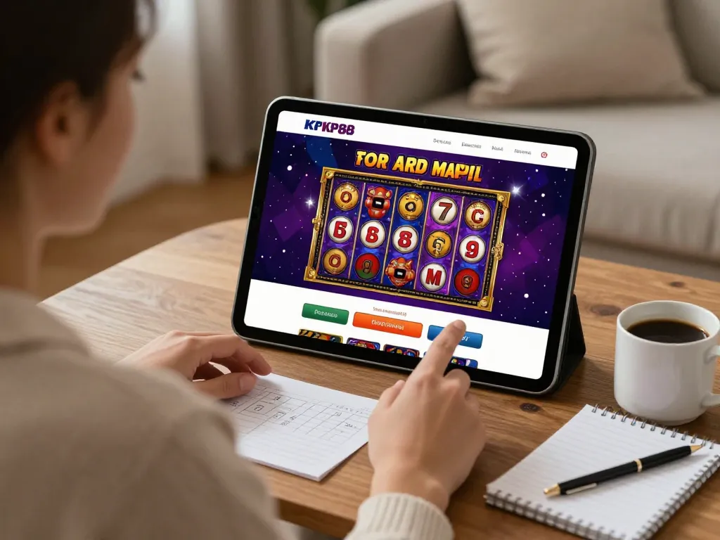 Engaged user enjoying online slots on KP88 tablet in a cozy home setting.