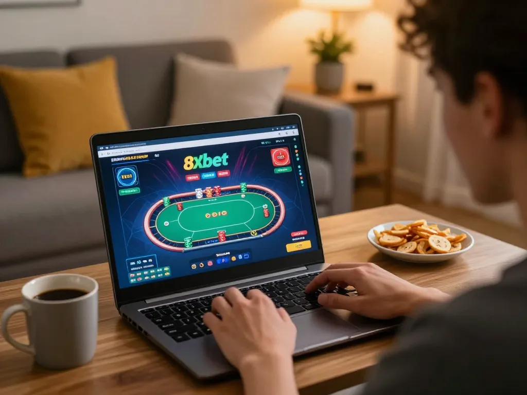Engaging player at home using nhà cái 8xbet for an online poker game, showcasing a comfortable setting.