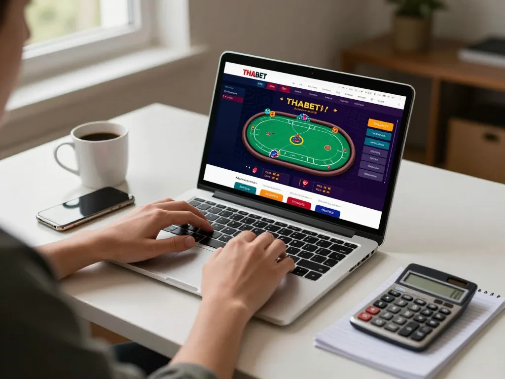 Engaging player using THABET for online gambling with strategic notes nearby