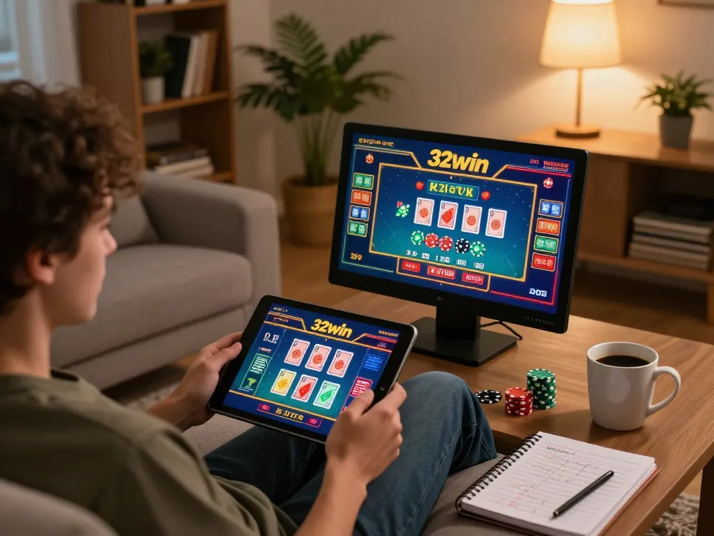 Player enjoying 32win live dealer games on a tablet in a cozy home setting.