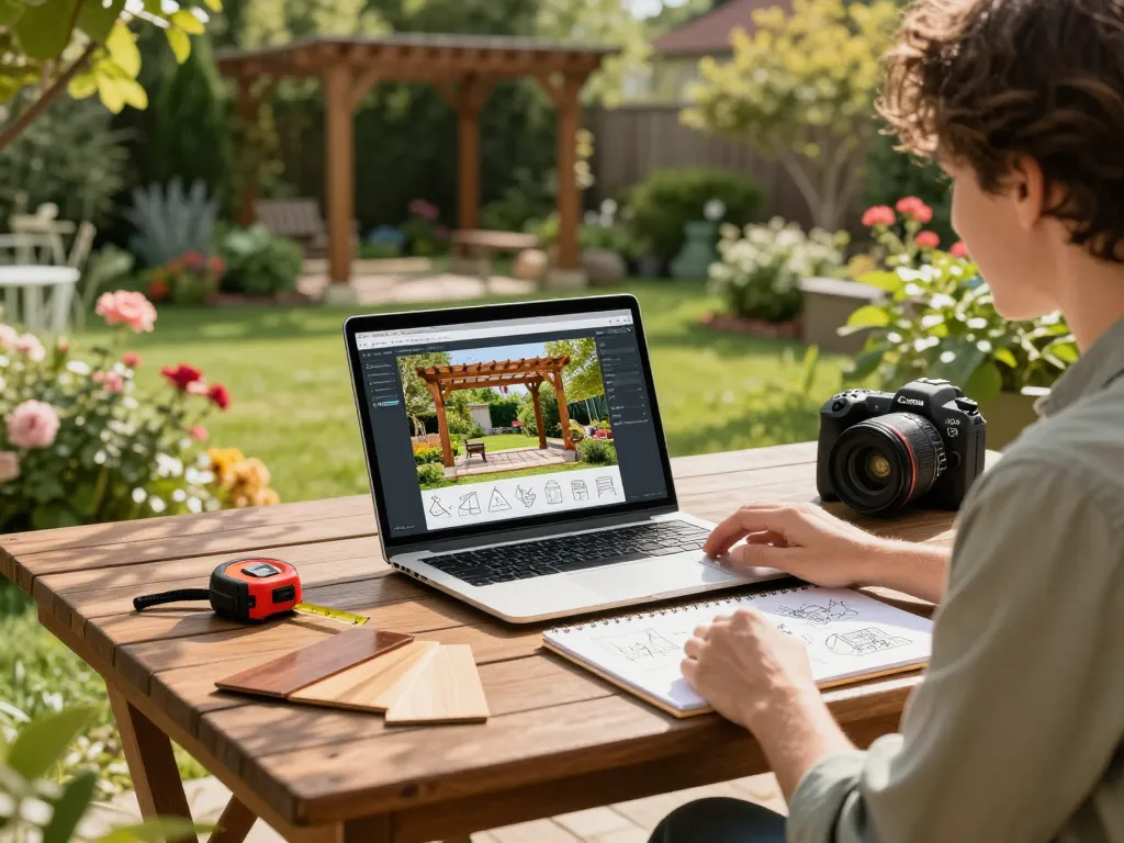 Homeowner using pergola configurator software on a laptop in a lush garden, surrounded by design tools.