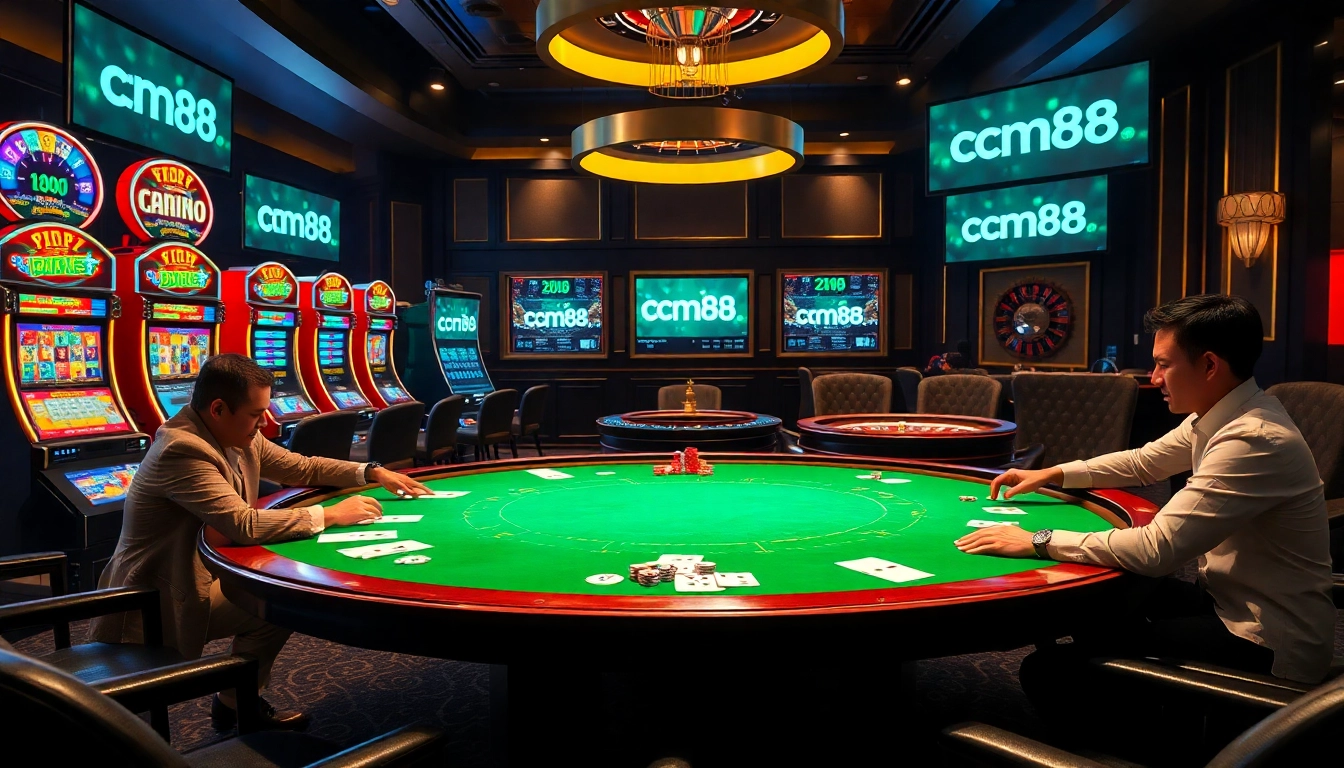 Players experience high-stakes poker at cm88, surrounded by vibrant casino elements.