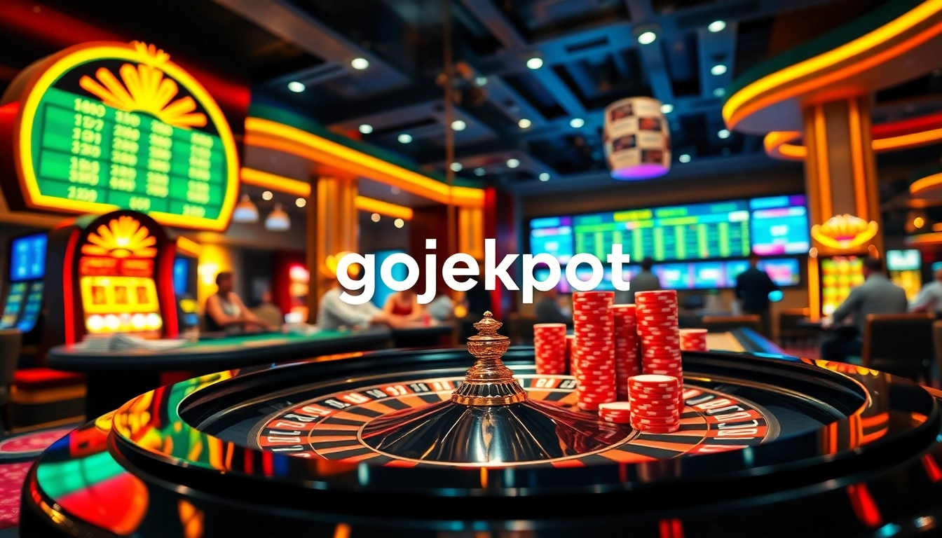 Experience the thrill of gojekpot with vibrant casino elements, including roulette and poker chips.