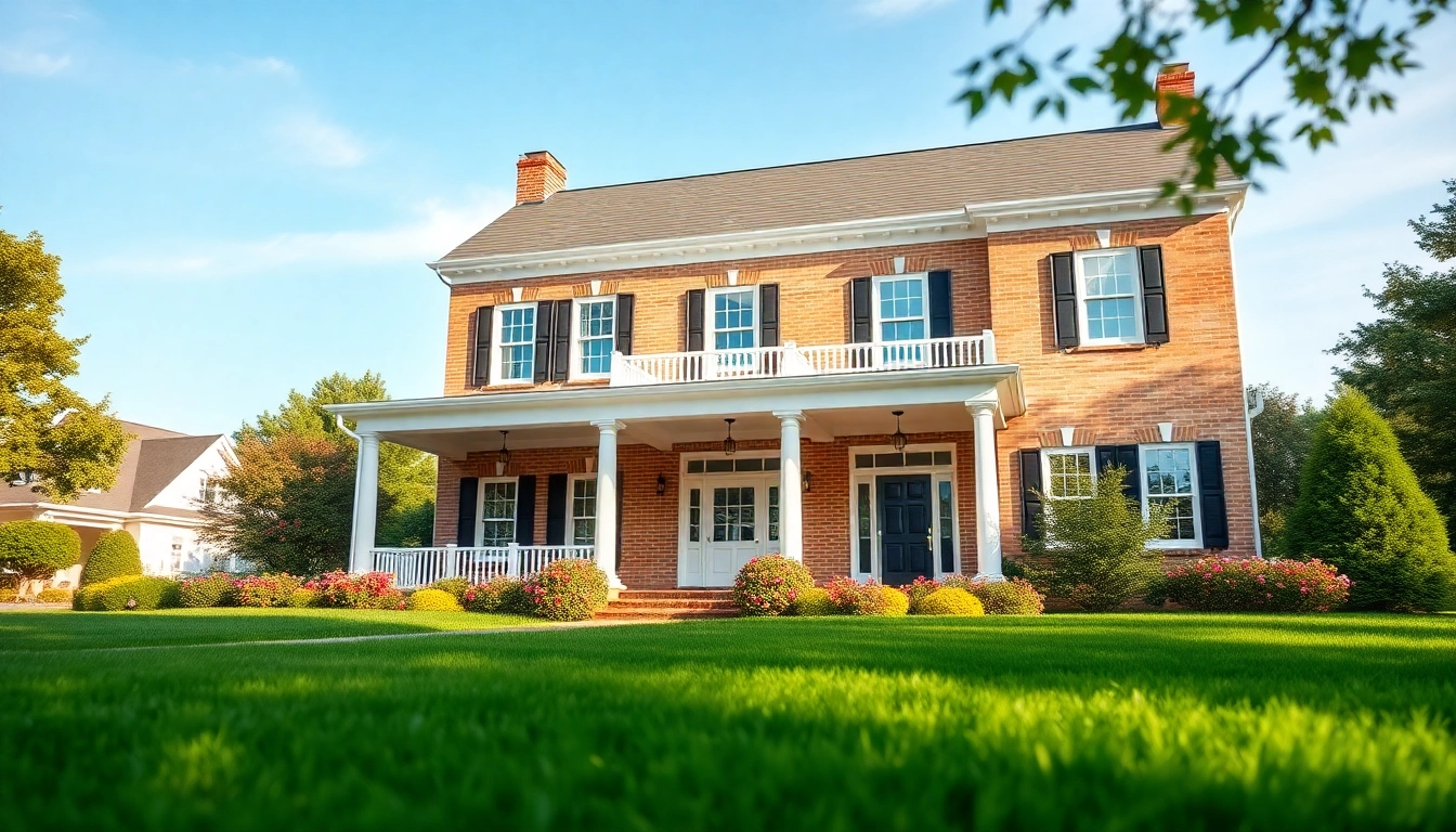 Colonial home new build construction with elegant columns in a lush setting.