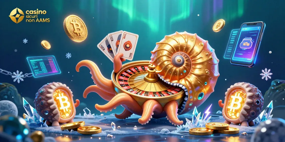 I migliori casino sicuri non AAMS con nautilo e simboli di criptovaluta in un'illustrazione vivace e dettagliata.