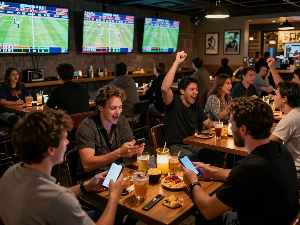 Betting excitement in a lively sports bar with TG88 patrons engaged in real-time sports betting.