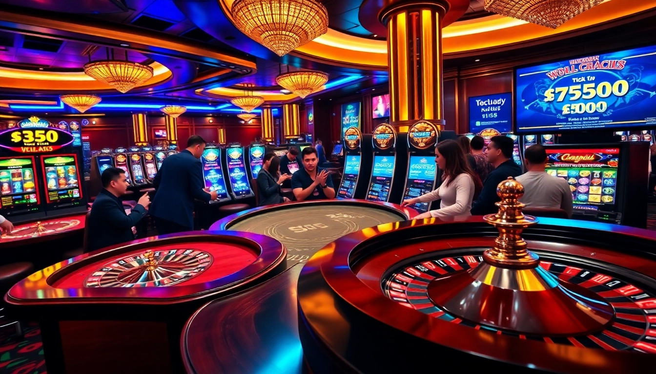 Engaged players enjoying high-stakes games at https://f168.group/ casino, surrounded by vibrant slot machines.