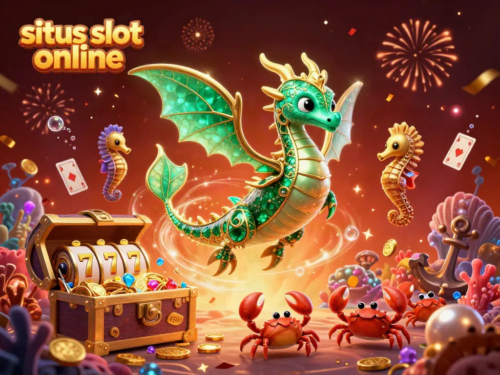 Menangkan jackpot di situs slot online dengan ilustrasi naga laut dan harta karun.