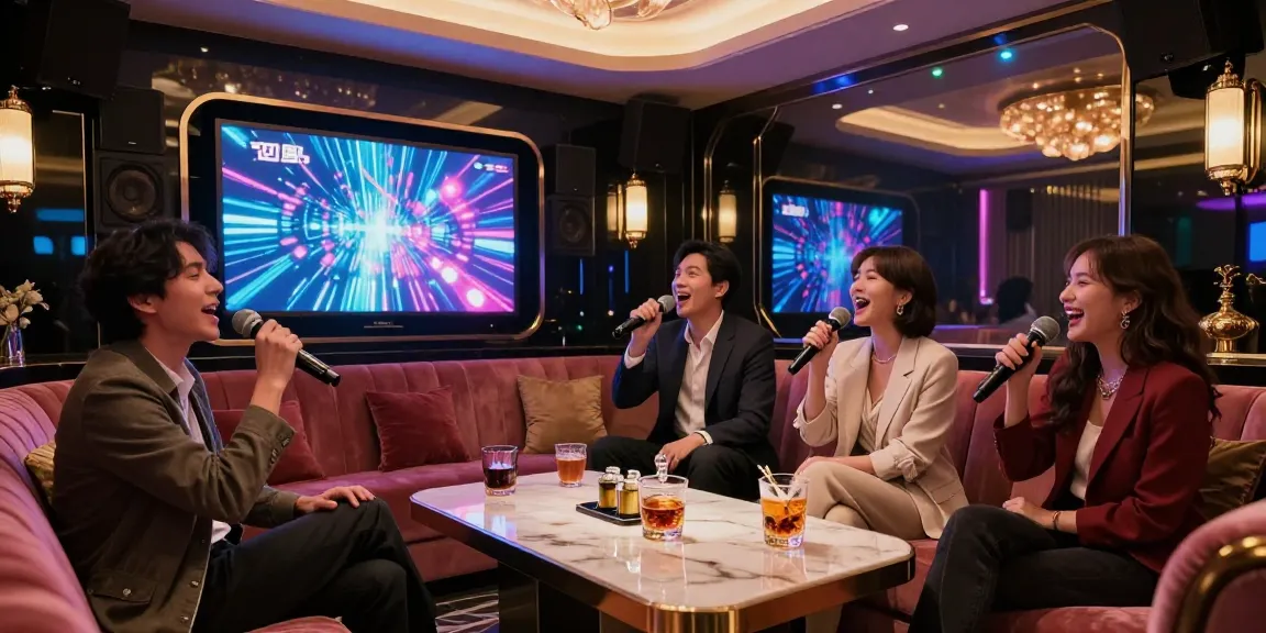 Engaging atmosphere at 강남가라오케 with vibrant lighting and stylish patrons enjoying karaoke.