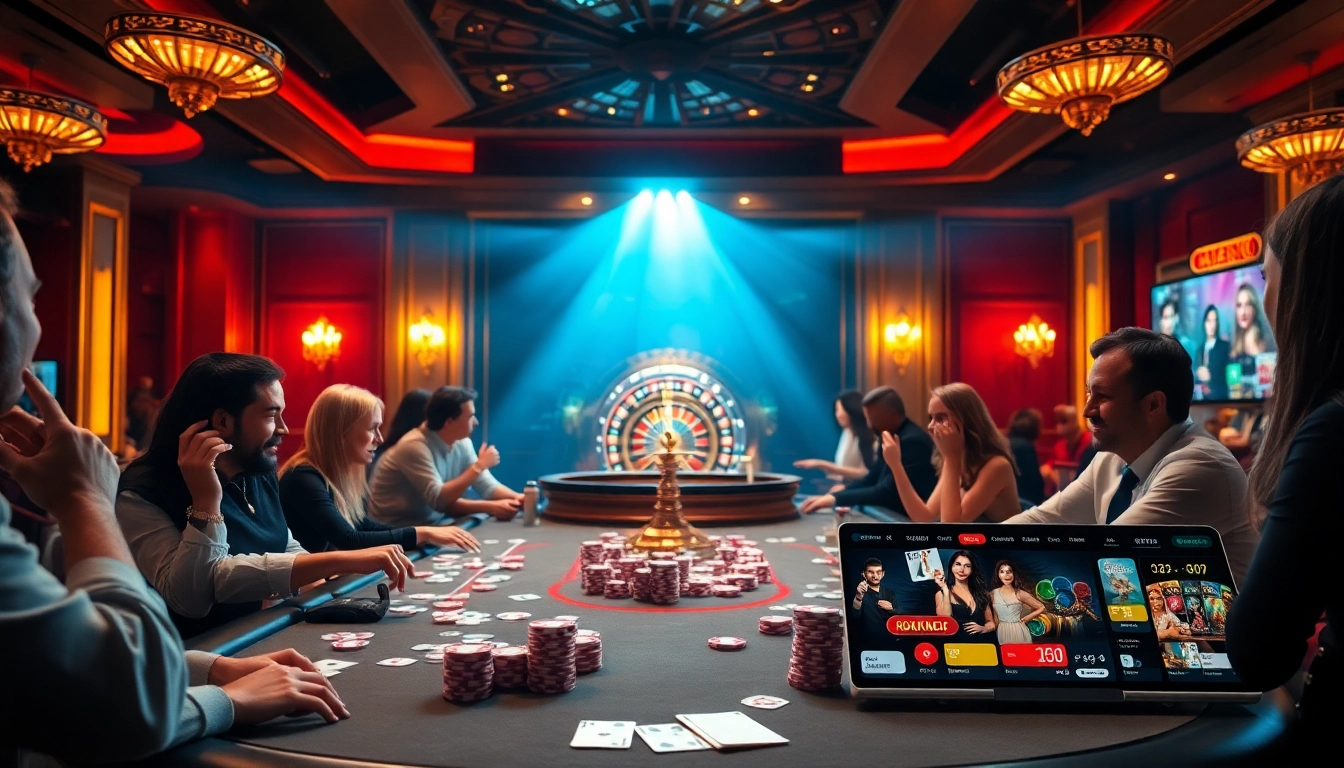 Des joueurs captivés autour d'une élégante table de casino en ligne, mettant en valeur une action de poker vibrante et une roulette palpitante.