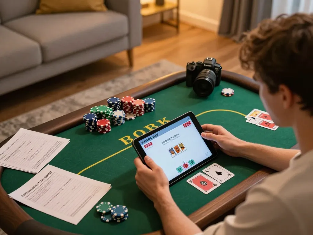 Player engaging in online poker at hytw3339 com with strategic notes and tablet interface.