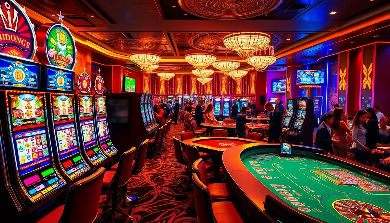 Exciting casino scene showcasing engaging slot online machines with vibrant lights and eager players.