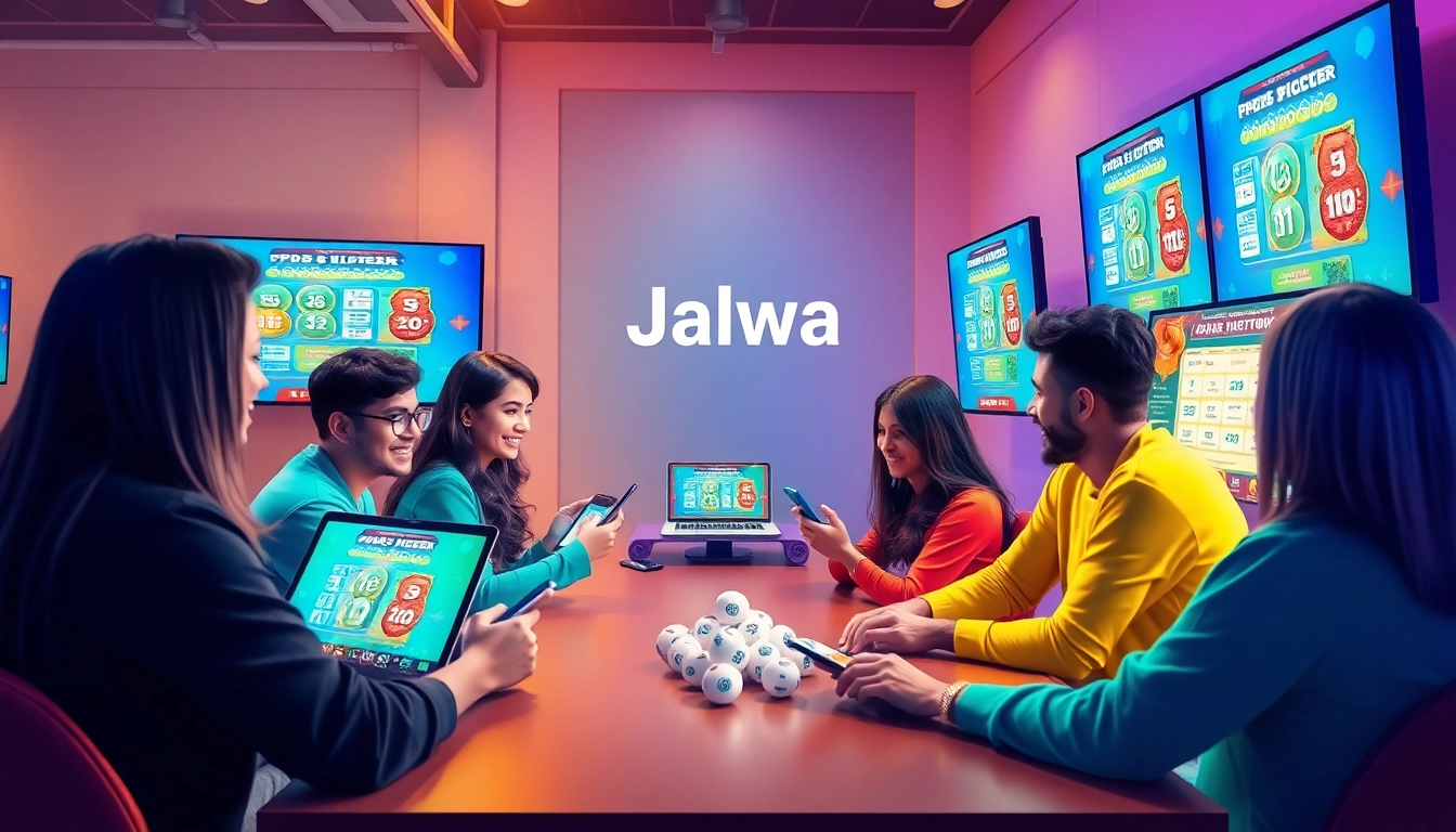 Exciting Jalwa lottery scene showing players engaging on various devices for online gaming.