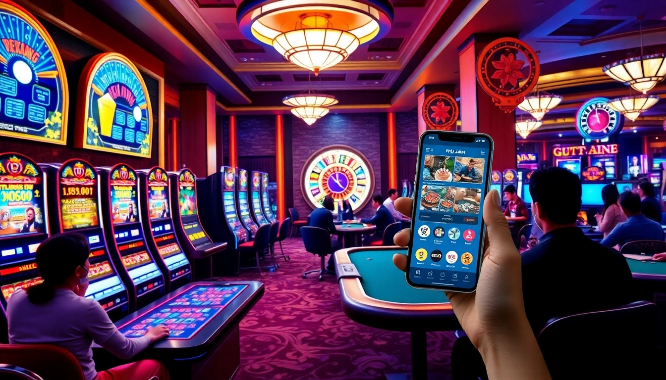Exciting casino scene showcasing apk jaya app among slot machines and poker tables, highlighting gambling action.