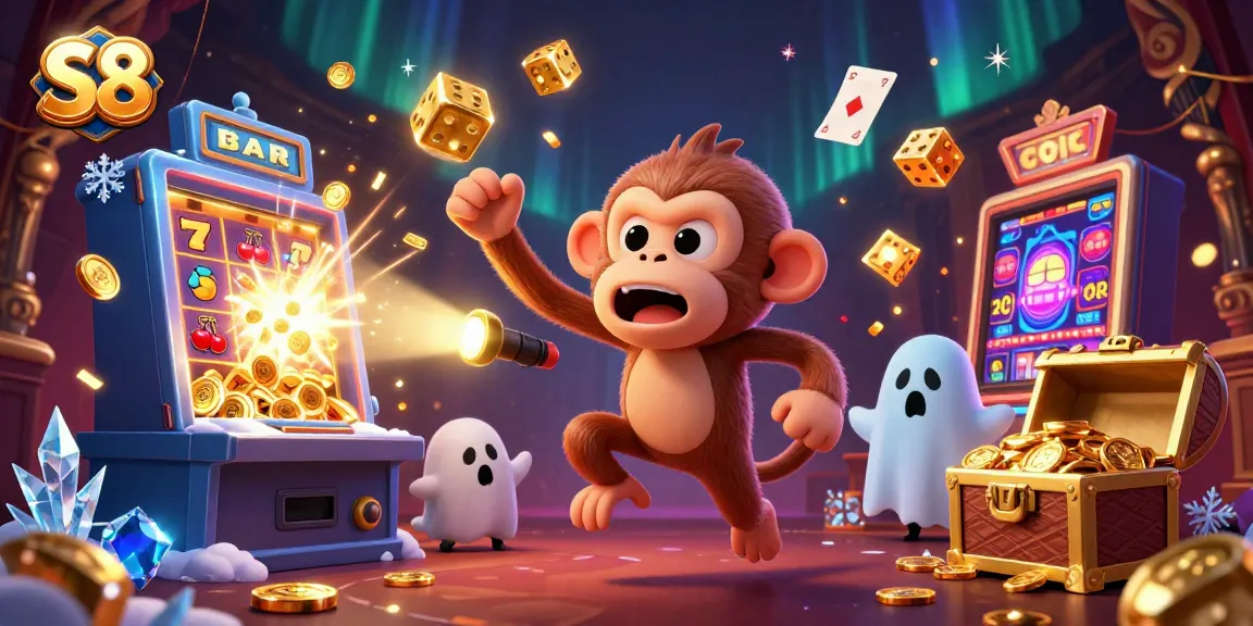 S8 offers thrilling jackpot chances with a mischievous monkey and ghost-hunter puppy in a vibrant casino scene