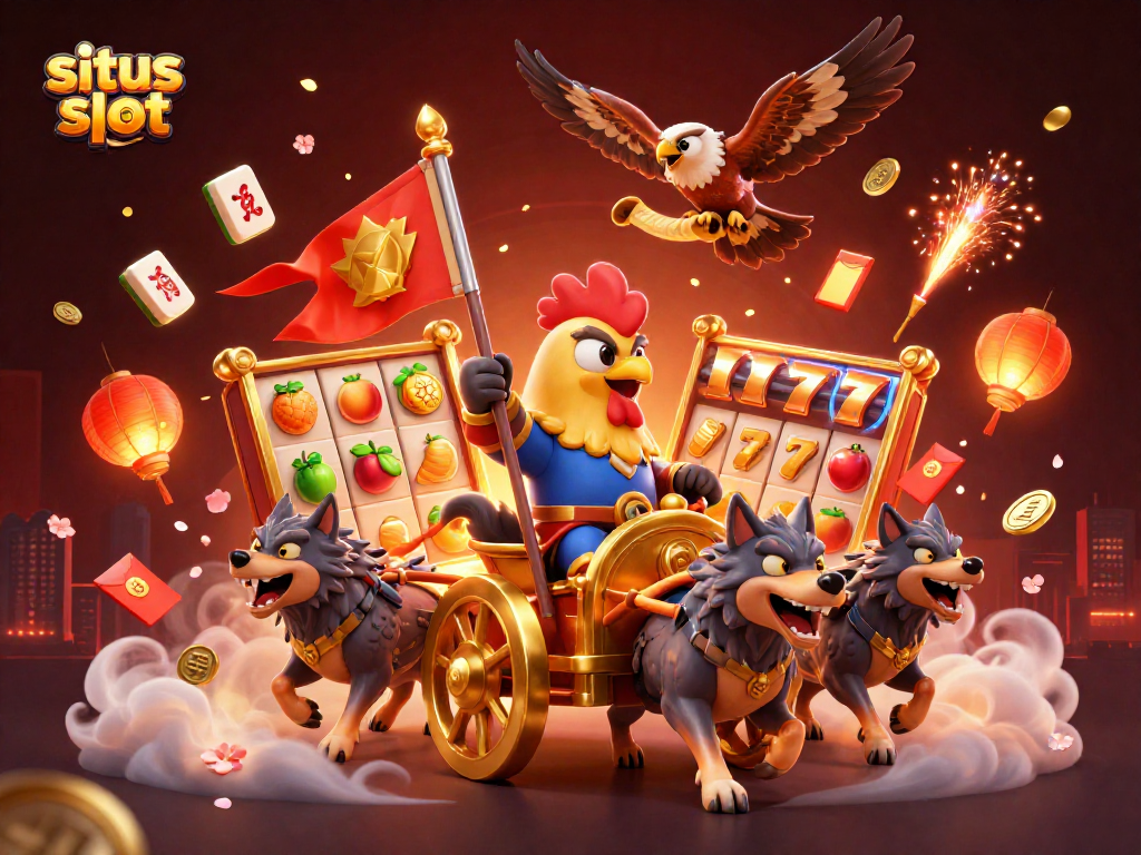 Taruhan di situs slot terbaik dengan slot gulungan, simbol keberuntungan, dan suasana kasino yang meriah.