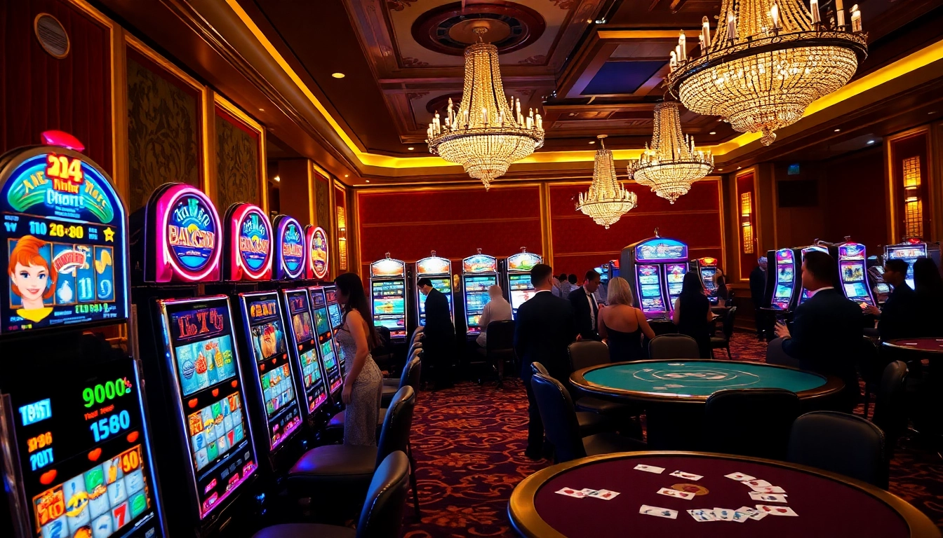 Playing slot machines in a luxurious casino filled with vibrant lights and excited players.