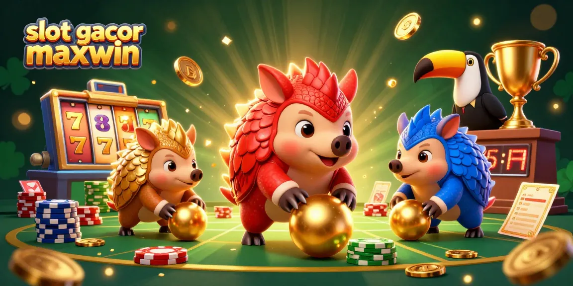 Engage with slot gacor maxwin in an entertaining scene featuring rival pangolins and vibrant casino elements.