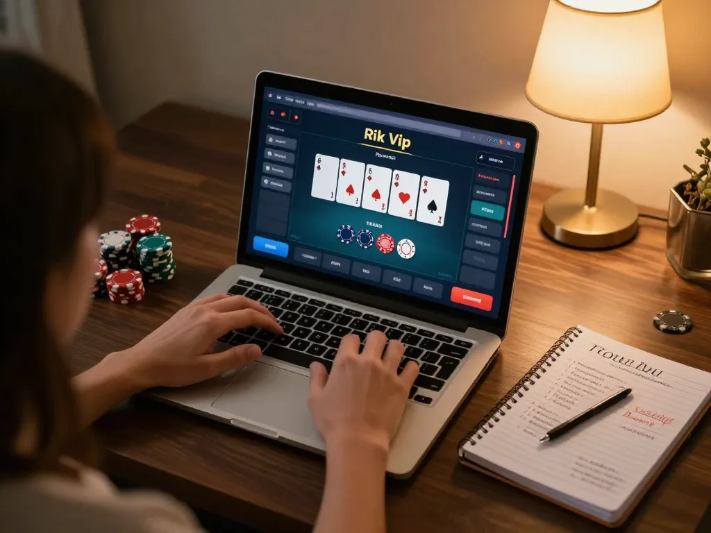 Engaging player enjoying rik vip poker game on a laptop with poker chips and strategy notebook in view.