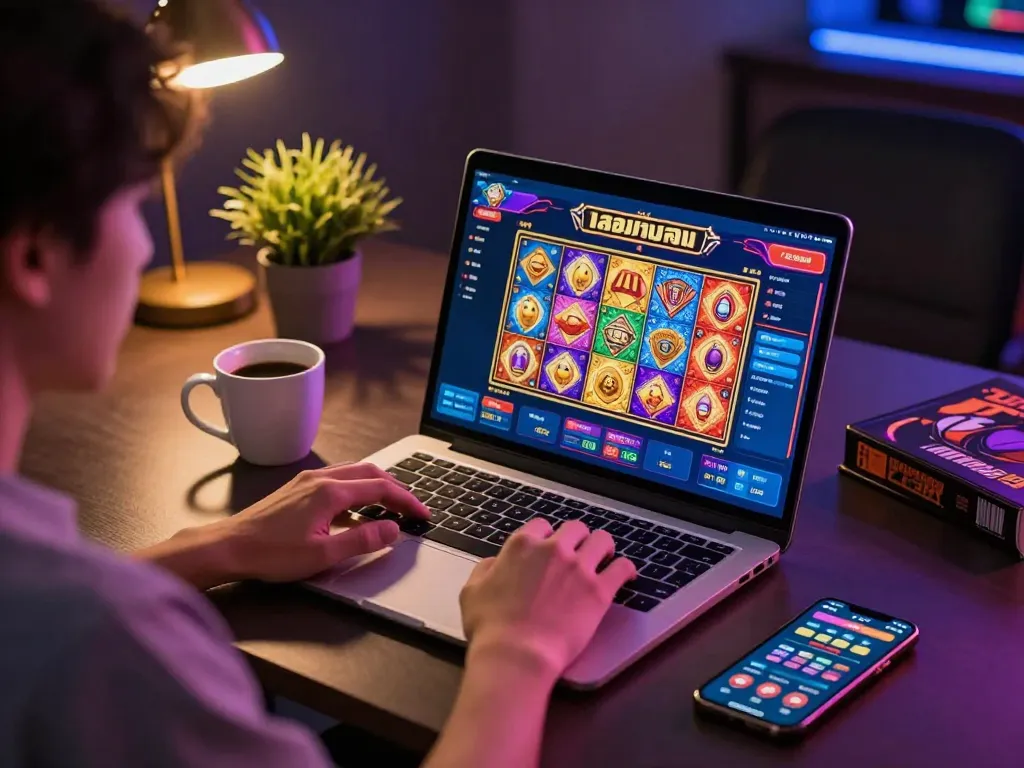 Engaging online gameplay showcasing สล็อตวอเลท on a laptop with vibrant visuals.