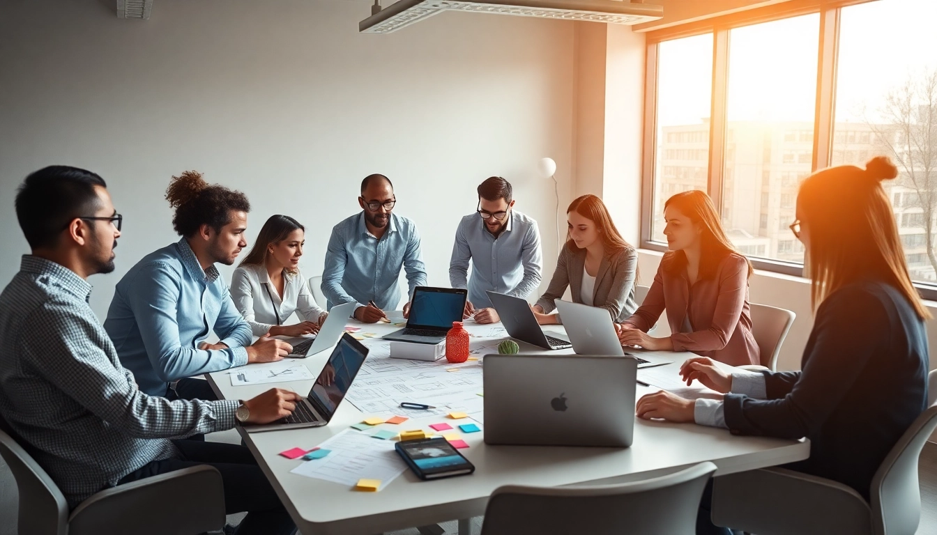 Engaged team at a web design company essex collaborating on creative projects.